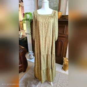 Polagram Maxi Dress Square Neck  Sage Floral Peasant- Cottage  Dress Siz…